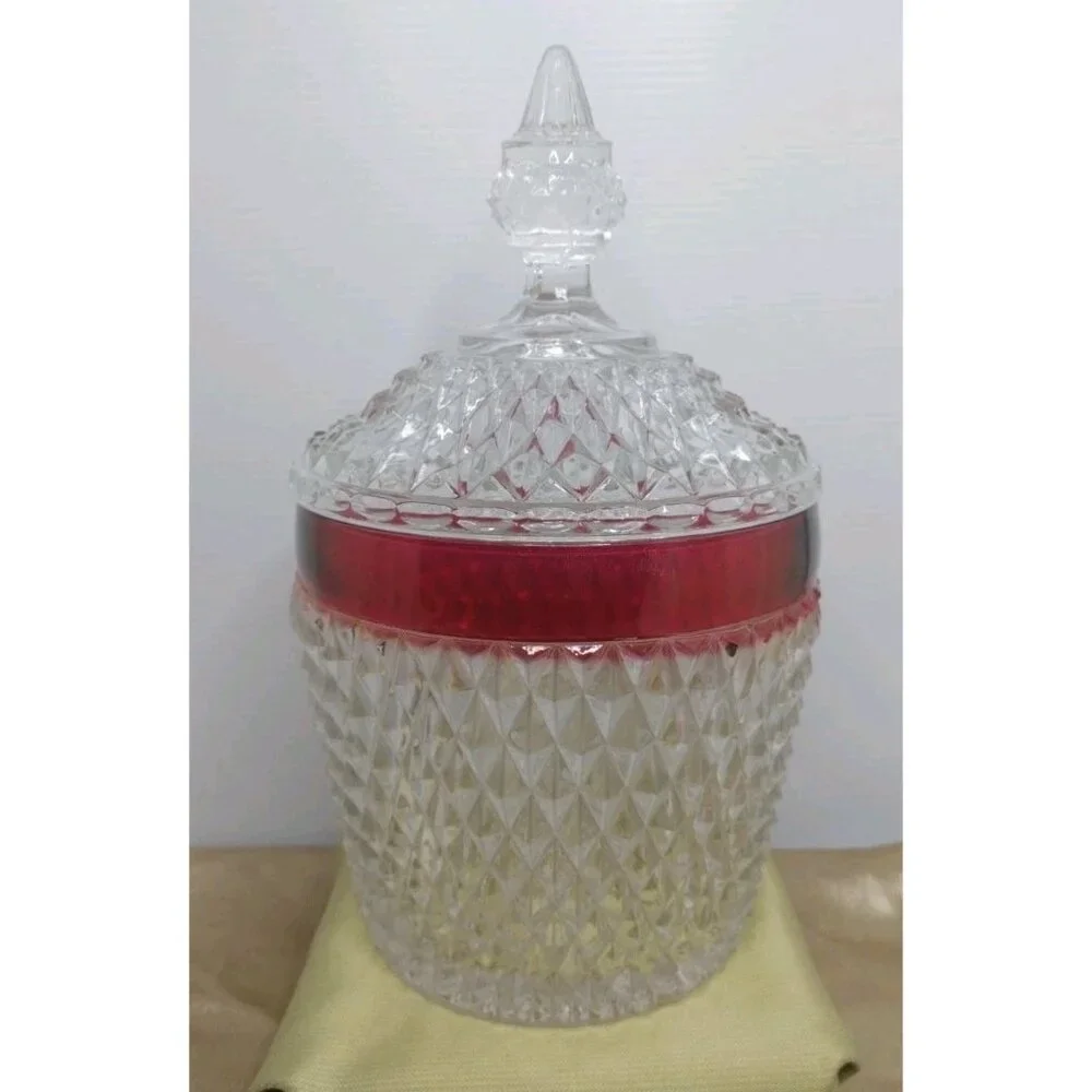 Indiana Glass Diamond Point Ruby Flash Red Ice Bucket w Lid 10.5” NIB